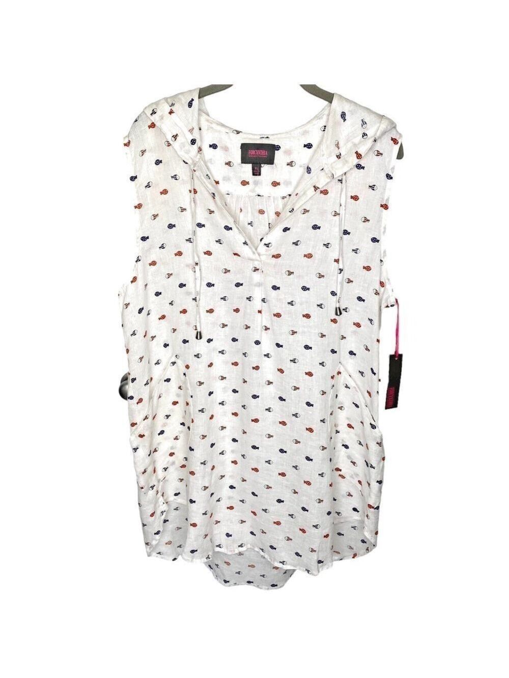 Forcynthia Beachwear Linen Swim Cover Up XL Hooded Fish Print Pockets NWT